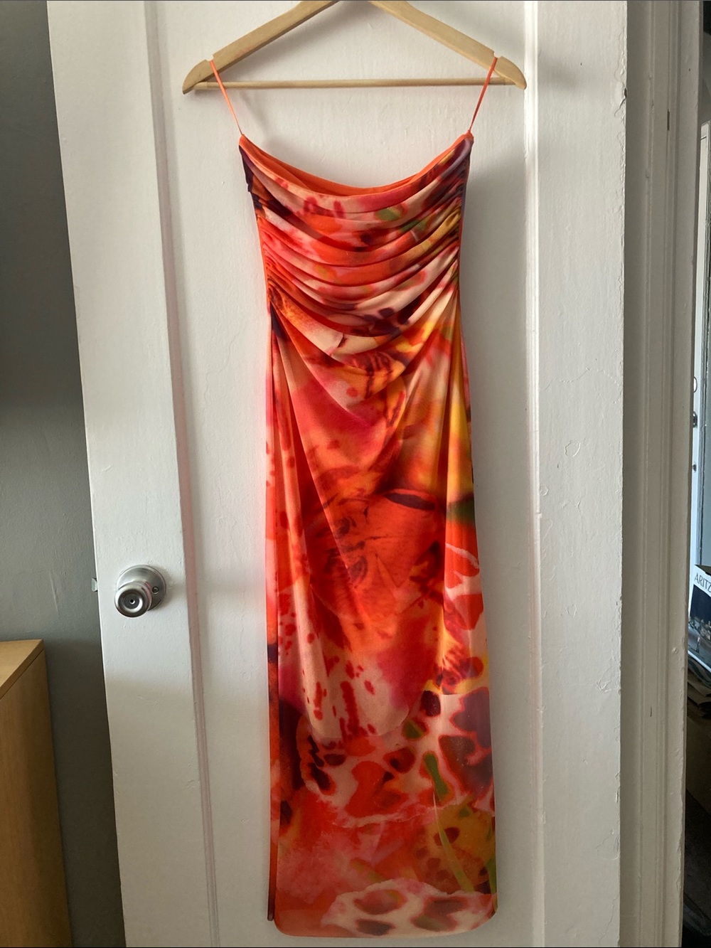 Zara Multi‑Orange Watercolor Cowl Neck Maxi Dress